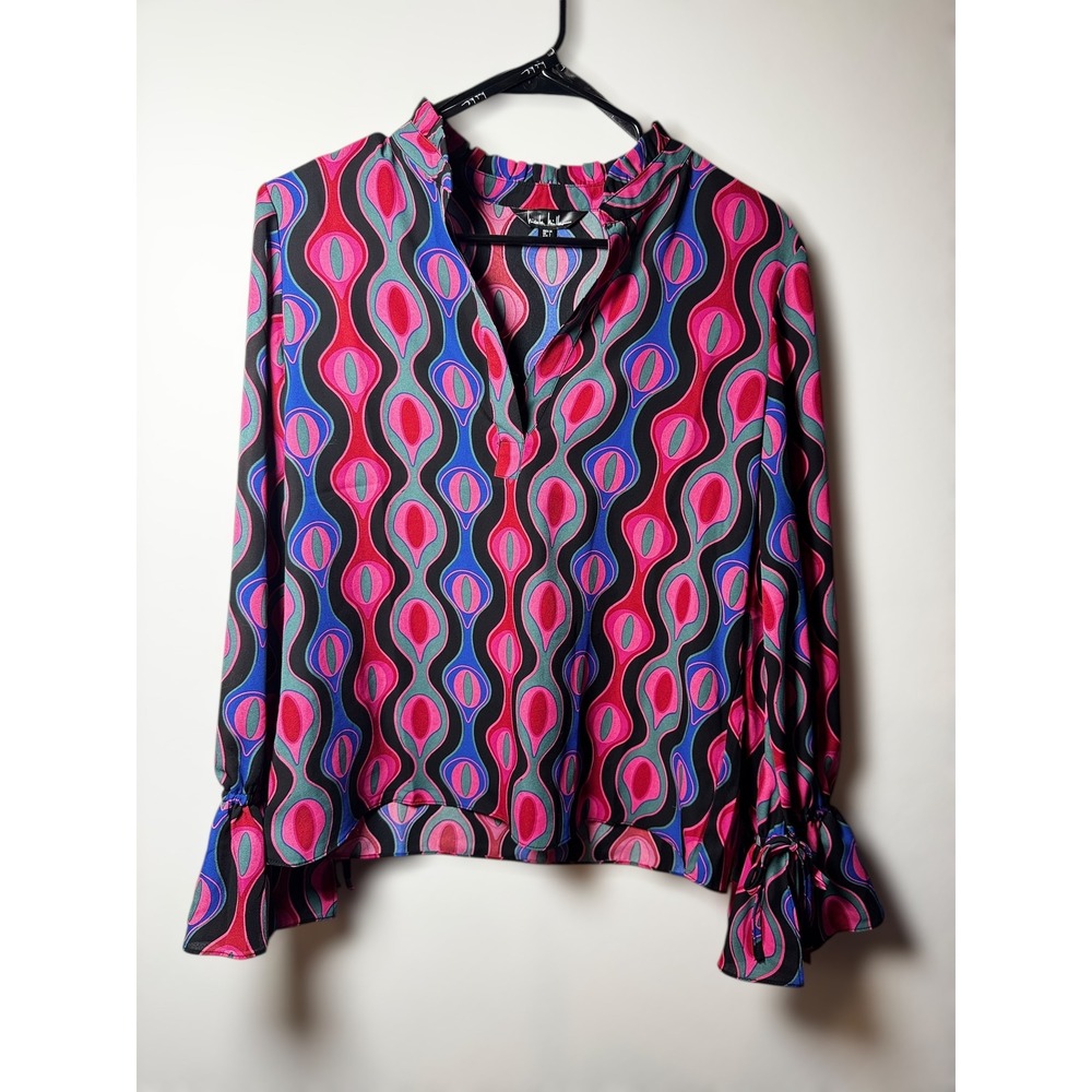 Nicole Miller Geometric Groovy Print‎ V Neck Ruffle Sleeve Blouse Womens M NWOT